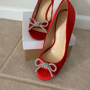 Jessica Simpson Red Heels with Peep-Toe and Bow Detail